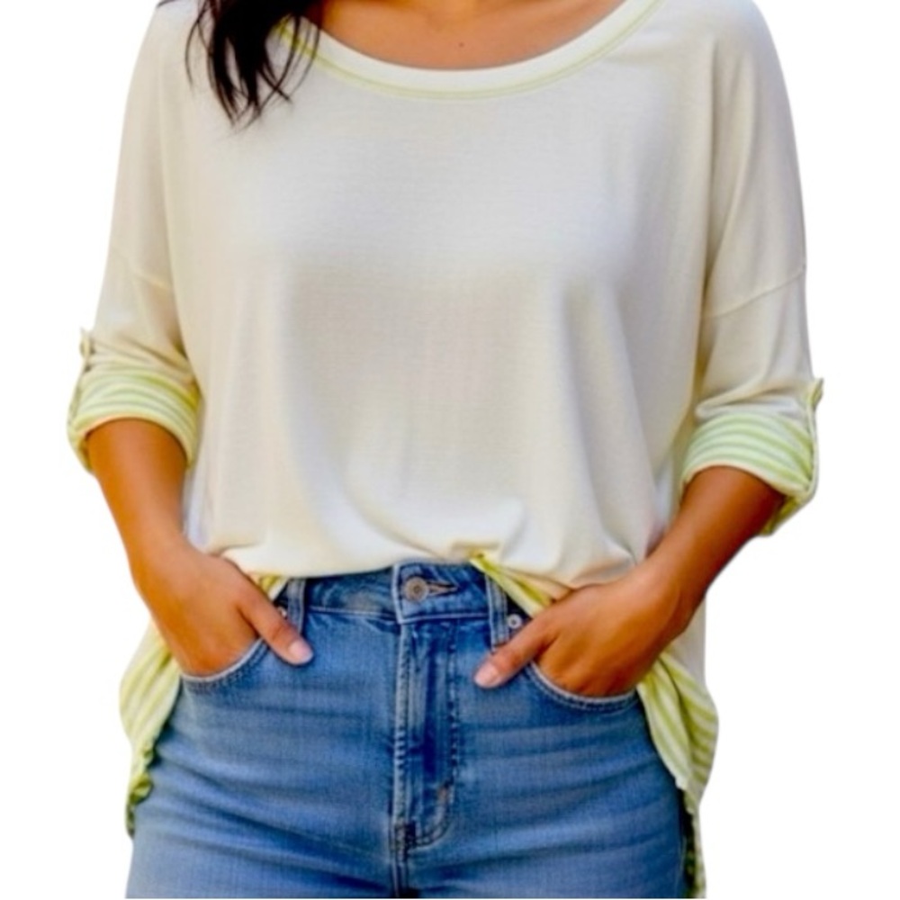 Matilda Jane Tunic Blouse Women's S Cream Roll Tab‎ Sleeves Green Striped Trim